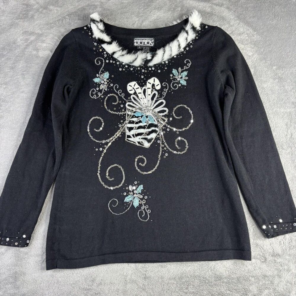 Berek Sweater Womens Small Black Embellished Holiday Christmas Faux Fur‎ Sequin